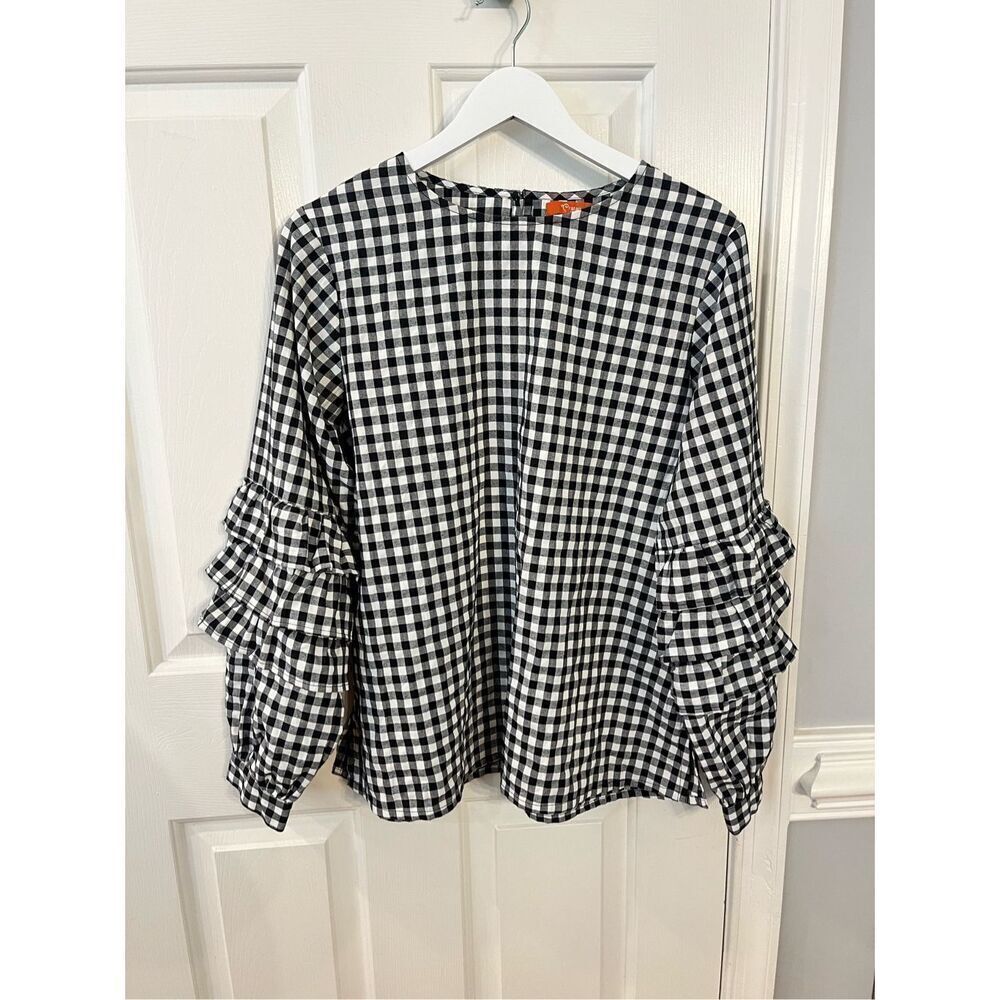 Ratan Jaipur Anthropologie Black & White Gingham  Ruffle Sleeve Blouse sz M EUC